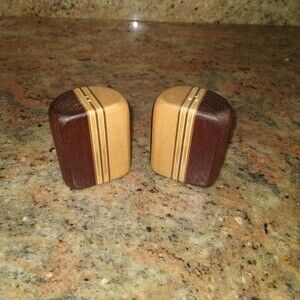 Inlay Wood Salt Pepper Shaker Set 2 Strip Multi Wood 3x1.5 MCM Boho Minimalist